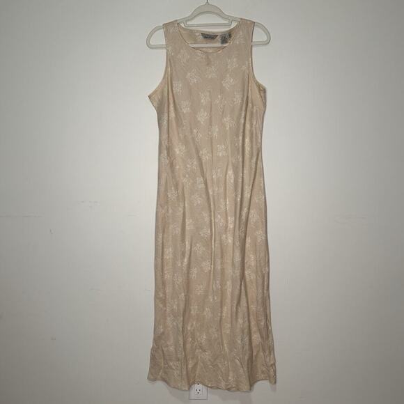 Vintage Eddie Bauer Maxi Dress Womens 12 100% Linen Pink Beige Lightweight - Picture 1 of 7